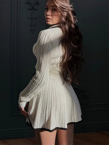Autumn Fashion 2 Piece-Set Skirt Women’s Patchwork Contrast Long Sleeve Lapel Pullover And High Waist Mini Skirt Outfits