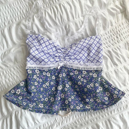 Blusas de lechera con estampado floral a cuadros, estilo retro de los años 00, estilo coqueta, Fairycore Y2K, con ribete de encaje, sin espalda, con lazo, mini chaleco elegante y bonito