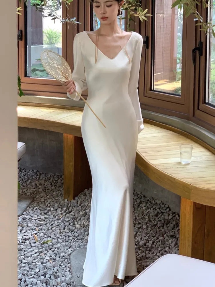 Vestidos largos de satén de otoño para mujer, vestido de fiesta de noche para boda, vestido de graduación, vestido de sirena de una pieza con cuello en V y mangas largas