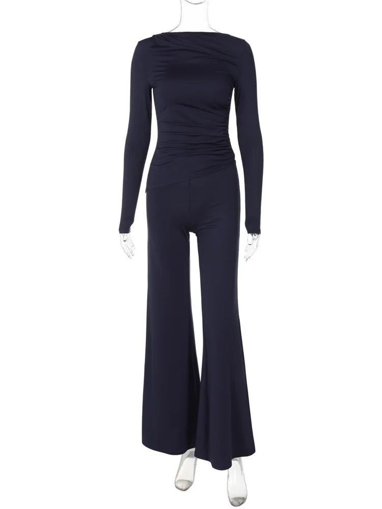 Conjunto de 2 piezas de moda de otoño para mujer, pantalones acampanados, ropa de calle, conjuntos casuales de manga larga plisados y ajustados, conjuntos de pantalones para mujer