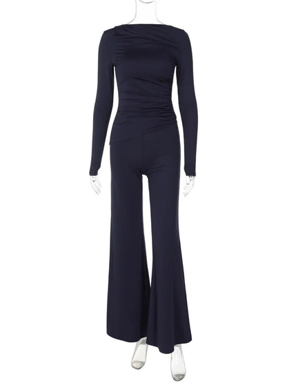 Conjunto de 2 piezas de moda de otoño para mujer, pantalones acampanados, ropa de calle, conjuntos casuales de manga larga plisados y ajustados, conjuntos de pantalones para mujer