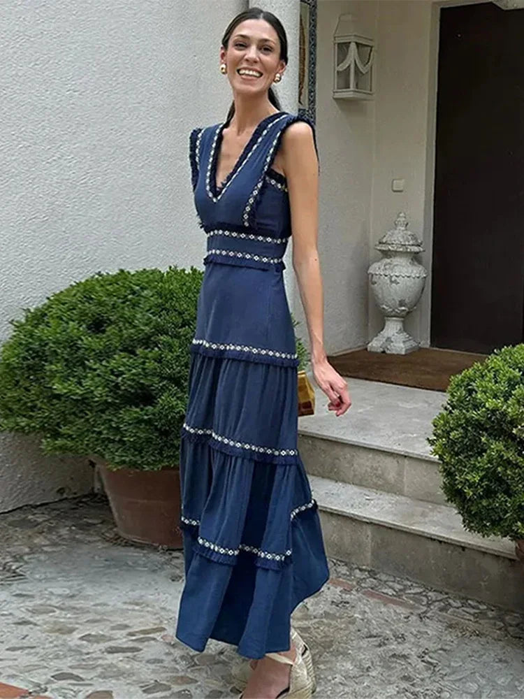 Vestido largo elegante con volantes y estampado de borlas empalmadas para mujer, cuello en V, sin mangas, corte A, elegante bata de fiesta para mujer