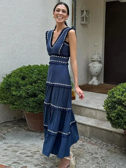 Vestido largo elegante con volantes y estampado de borlas empalmadas para mujer, cuello en V, sin mangas, corte A, elegante bata de fiesta para mujer