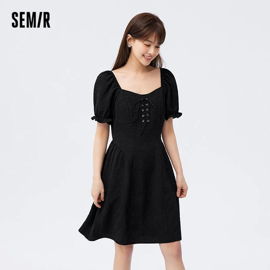 Dress Women Bubble Sleeves Romantic Summer  New Style Strap Square Neck Short Dress Sweet And Cool