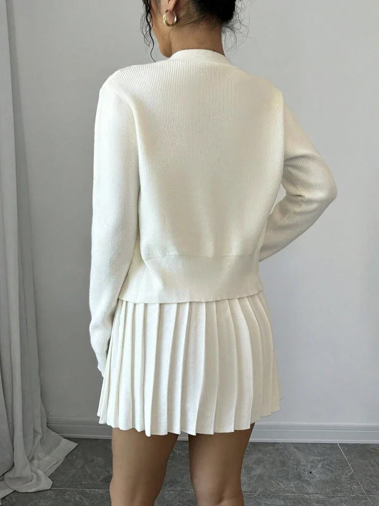Conjunto de dos piezas de suéter de punto retro de manga larga con falda plisada de cintura alta para mujer, conjuntos sólidos a juego de nicho, otoño nuevo