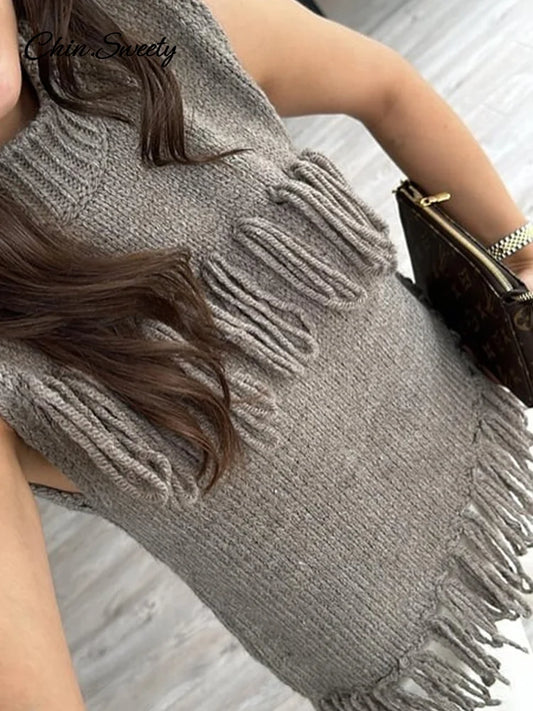 Chaleco de punto con borlas de calle para mujer, suéter de cuello medio alto, sin mangas, ajustado, camiseta sin mangas para mujer, primavera 2025, ropa de abrigo suave para mujer
