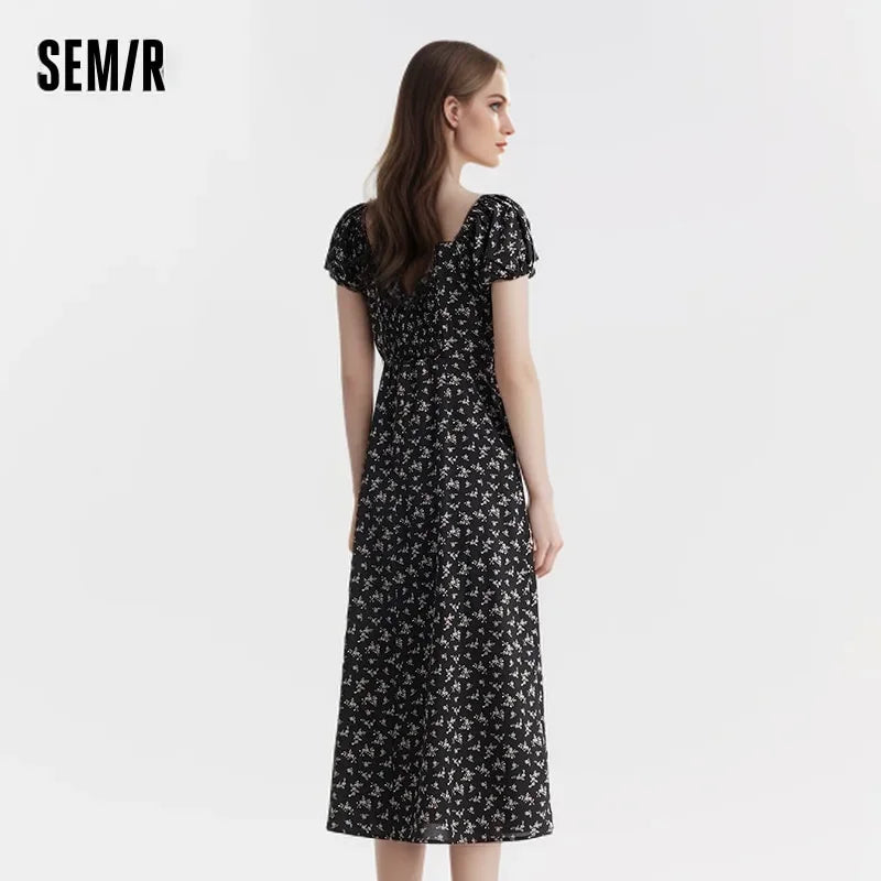 Dress Women Split Bubble Sleeve Medium Long Dress  Summer New Square Neck Chiffon Floral Dress Romantic Elegant