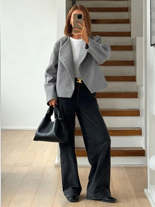 Cárdigan informal de solapa para mujer, de manga larga, a la moda, con retazos, elegante, holgado, liso, para otoño