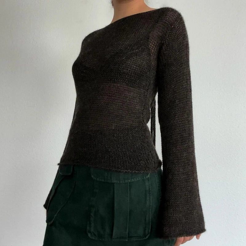 Suéteres de punto con espalda descubierta y lazo para mujer, jersey de manga larga con cuello barco, moda coreana, jerséis vintage Y2K, camiseta de otoño
