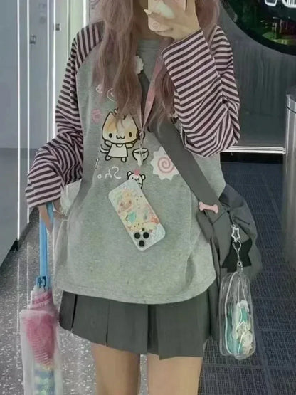 Camiseta de rayas Harajuku para mujer, camisetas con gráficos de panda chino kawaii, ropa de manga raglán de dibujos animados Cutecore para otoño