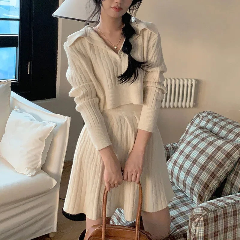 Conjunto de dos piezas de moda coreana para mujer, jersey con cuello vuelto, top corto, minifalda, traje informal liso, prendas de punto nuevas para otoño