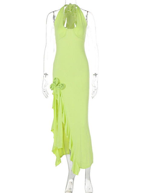 Vestido largo drapeado con flores y abertura para mujer, moda, cuello halter, escote en V profundo, sin mangas, espalda descubierta, ajustado, para fiesta y club.