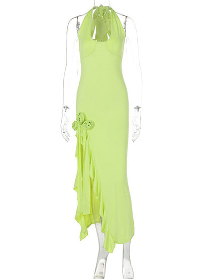 Vestido largo drapeado con flores y abertura para mujer, moda, cuello halter, escote en V profundo, sin mangas, espalda descubierta, ajustado, para fiesta y club.
