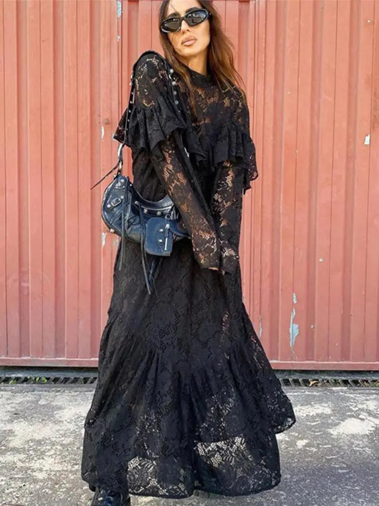 Vestidos largos sexis de encaje calado con forro tipo A para mujer, estilo vintage, holgados, con perspectiva y cuello redondo, negros, elegantes y chic para fiestas callejeras.