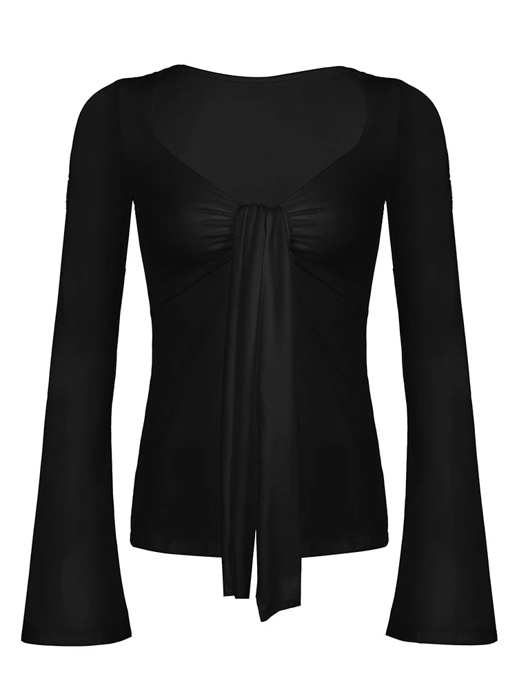 Blusas elegantes con escote en V y lazo negro para mujer, ajustadas y sexis, de manga larga acampanada, lisas, básicas, de moda para primavera y otoño.