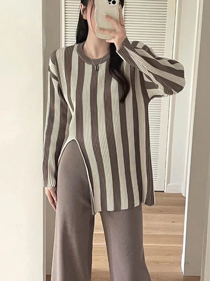 Striped Knitwear Fashion 2 Piece-Set For Women Contrast Long Sleeve Split Straight Trousers Outfits Women’s Pants Sets