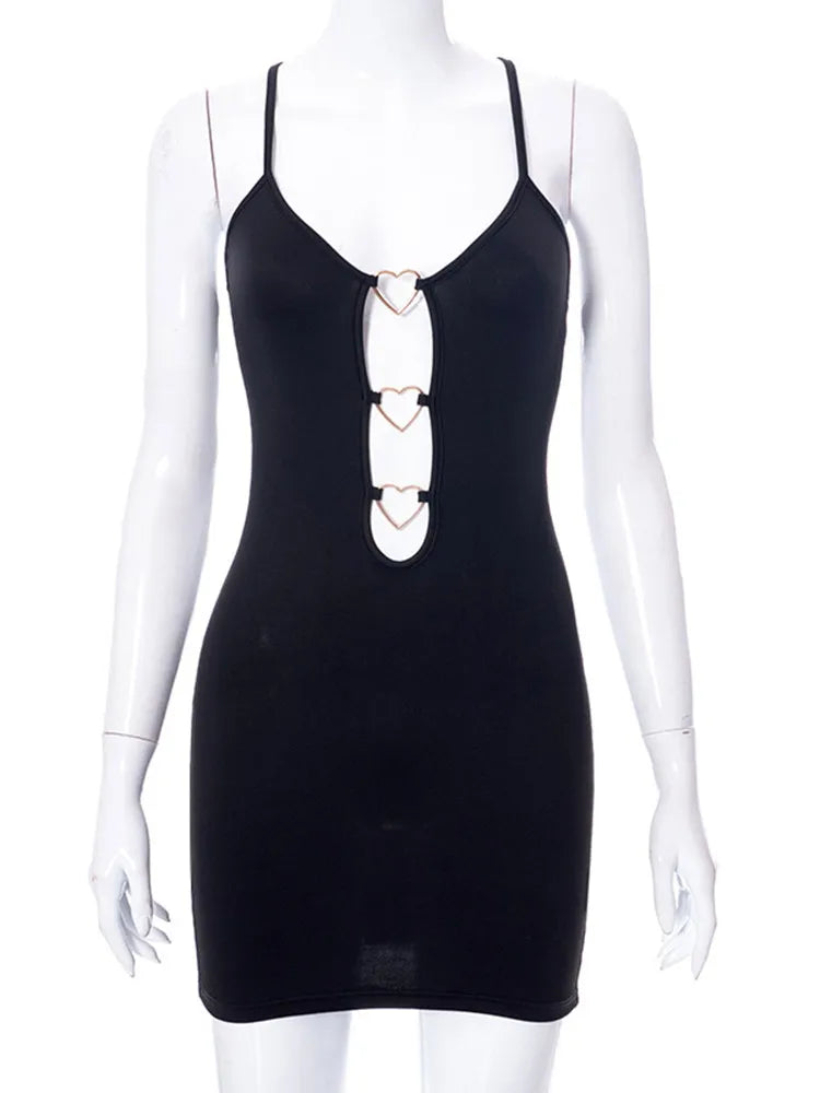 Vestido negro con anillo de corazón para mujer, traje de club de una pieza, vestido de noche sexy con agujeros, vestido de tirantes finos súper corto.