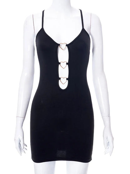 Vestido negro con anillo de corazón para mujer, traje de club de una pieza, vestido de noche sexy con agujeros, vestido de tirantes finos súper corto.
