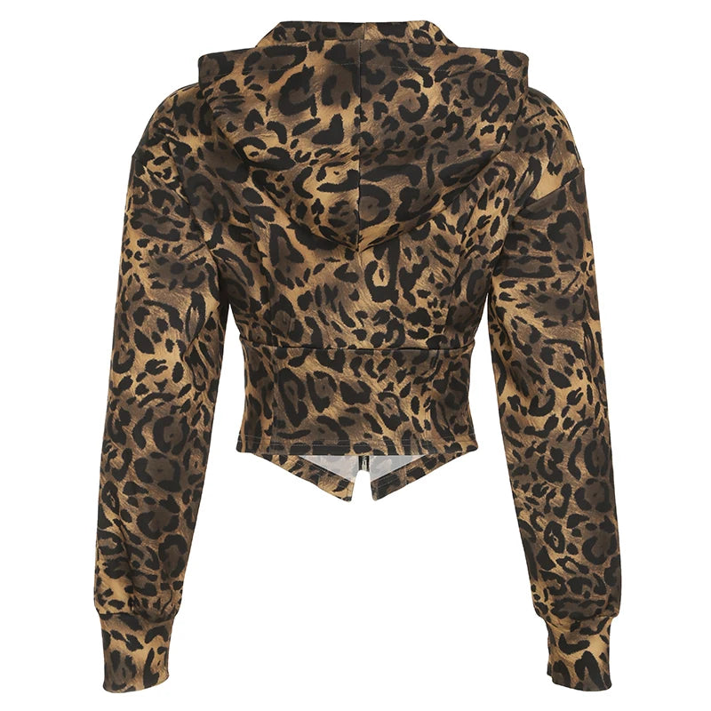 Sudadera con capucha y cremallera para mujer, de otoño, de manga larga, con cintura ajustada y estampado de leopardo, estilo urbano, Gyaru Baddie Y2k