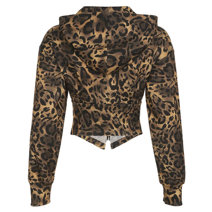 Sudadera con capucha y cremallera para mujer, de otoño, de manga larga, con cintura ajustada y estampado de leopardo, estilo urbano, Gyaru Baddie Y2k