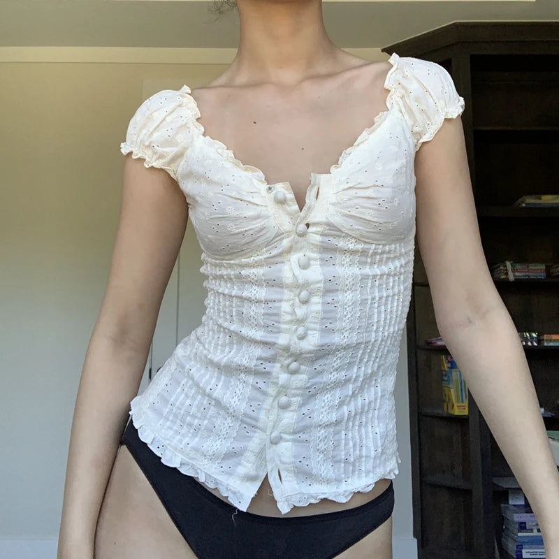 Camiseta floral vintage francesa de los años 90 con diseño de hadas grunge kawaii, botones con volantes y cuello en V, para mujer, estética Y2K, top corto blanco retro