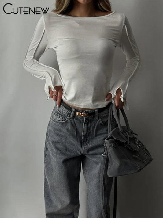 Camisetas clásicas salvajes para mujer, tendencia de otoño, nuevas camisetas ajustadas con cuello redondo y manga larga lisas, camisetas básicas de calle para mujer, nuevas camisetas diarias