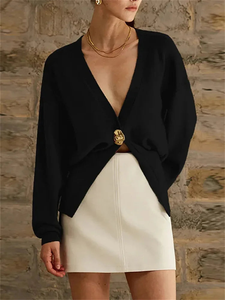 Cárdigan de punto con cuello en V para mujer, abrigo de manga larga, moda de otoño, elegante, corto, cárdigan de punto para mujer