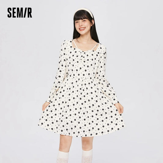 Dress Women Texture Fungus Edge Floral Dresses Temperament  Autumn New Waist Square Collar Dress