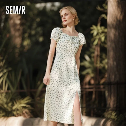 Dress Women Split Bubble Sleeve Medium Long Dress  Summer New Square Neck Chiffon Floral Dress Romantic Elegant