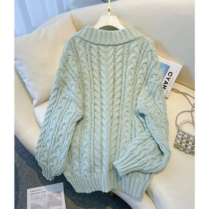 Suéter Harajuku para mujer, moda de gran tamaño, rosa, cuello en V, suéteres de punto coreanos de manga larga, suéteres casuales de invierno