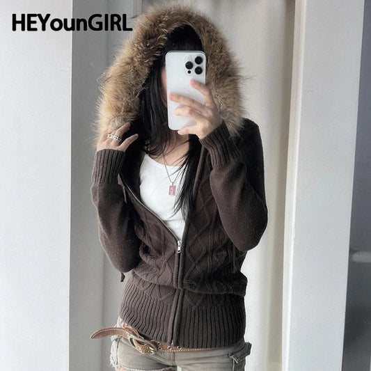 Cárdigan con capucha de piel para mujer, abrigo de punto marrón vintage con cremallera, ropa urbana de invierno, chaqueta de moda coreana de los años 2000