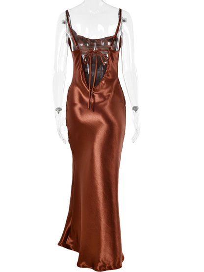 Vestido de fiesta sexy de satén dorado con cordones y tirantes, de seda, largo, elegante, de noche, suave, para invierno