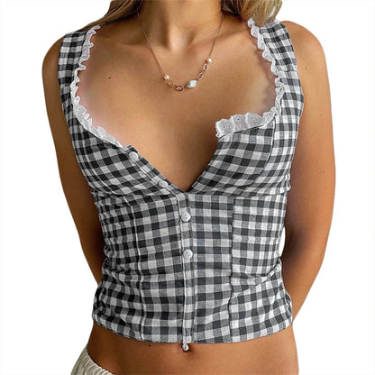 Top corto a cuadros Y2K con estampado estético para mujer, con ribete de encaje, cuello cuadrado, botones, sin mangas, ropa de calle de los años 2000