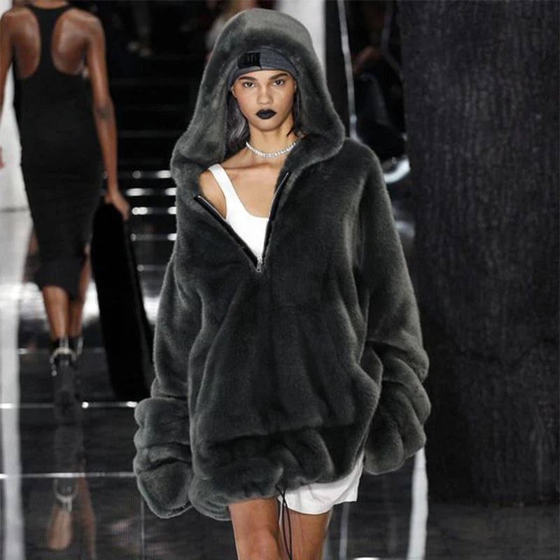 Abrigo largo de piel sintética de marca de lujo de moda para mujer, chaqueta cálida con bolsillos grandes y capucha con cremallera, abrigos de felpa de piel de conejo sintética