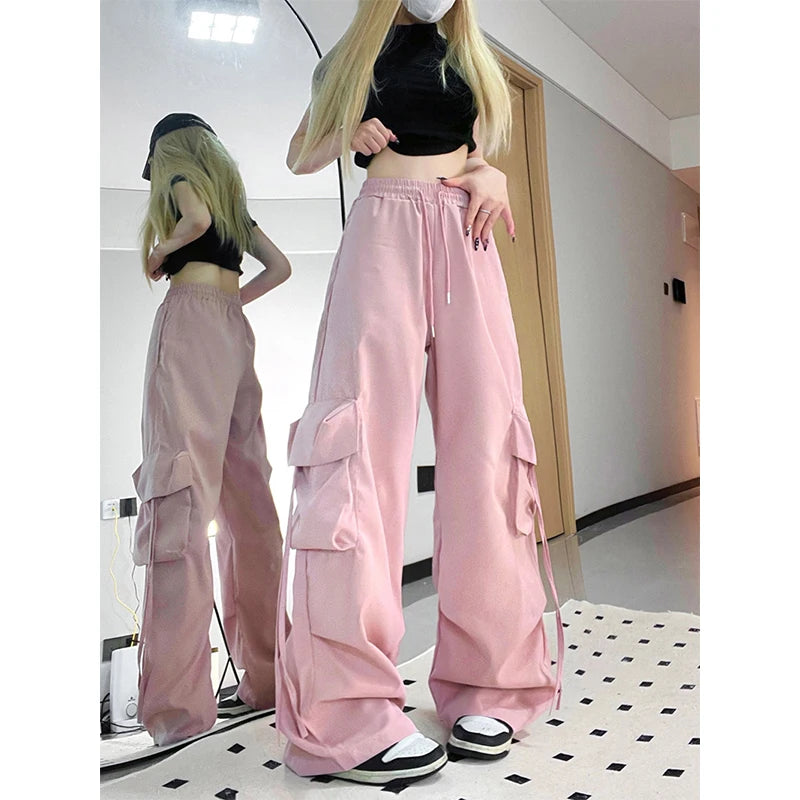 Pantalones cargo Y2K para mujer, ropa de calle, pantalones deportivos holgados de pierna ancha y gran tamaño, estilo Harajuku con bolsillos grandes, de cintura alta