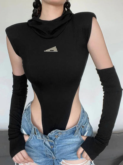 Body de una pieza con capucha de color sólido a la moda, lencería sexy de cuello redondo sin mangas, ropa informal ajustada, atuendo de festival