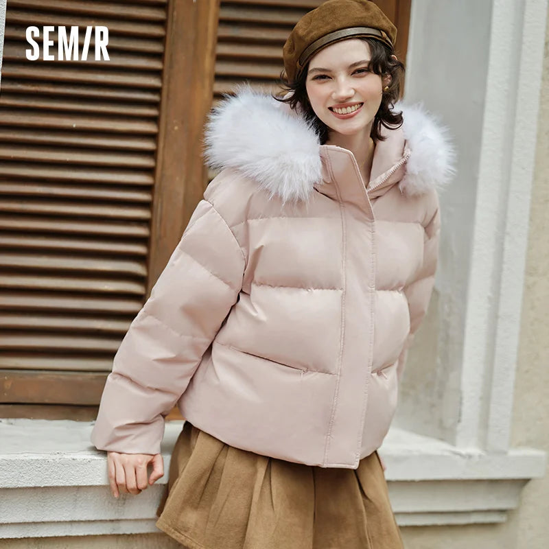 Chaqueta de plumón para mujer, con cuello de piel, con capucha, cálida, sencilla y versátil, nueva, impermeable, resistente al viento, abrigo holgado de invierno.