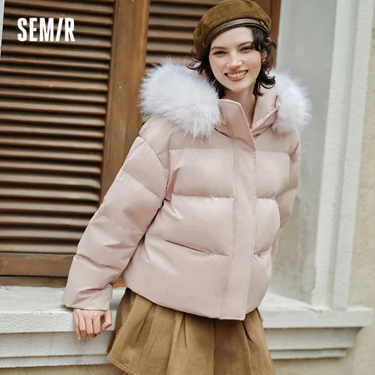 Chaqueta de plumón para mujer, con cuello de piel, con capucha, cálida, sencilla y versátil, nueva, impermeable, resistente al viento, abrigo holgado de invierno.