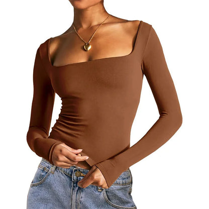 Square Collar Crop Top y2k Clothes Women Solid Color Long Sleeve T Shirt Basic Slim Fit Tees 2000s Clothing Streetwear