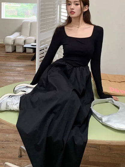Vestidos midi informales de punto para mujer, lisos, de manga larga, cuello cuadrado, corte A, otoño, elegantes, ajustados