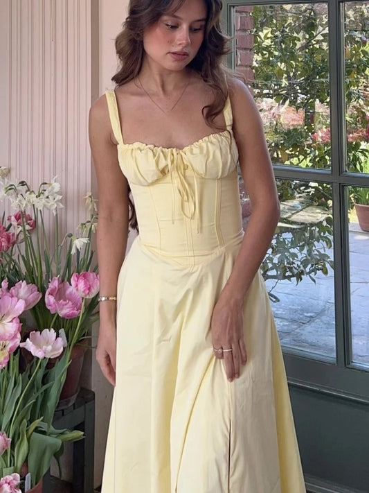 Vestido de fiesta de cumpleaños francés vintage con tirantes, abertura alta, con cordones, de verano, con hombros descubiertos, corte en A, sin mangas, para graduación, liso, para mujer