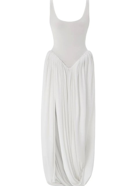 Elegante vestido largo ajustado elástico sin mangas para mujer, falda esponjosa con abertura en la espalda, vestido de noche ajustado para fiestas y vacaciones.