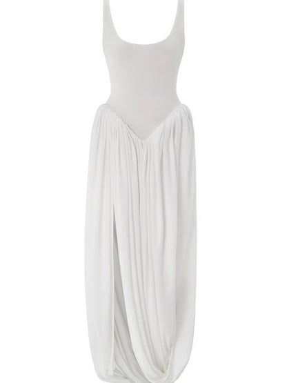 Elegante vestido largo ajustado elástico sin mangas para mujer, falda esponjosa con abertura en la espalda, vestido de noche ajustado para fiestas y vacaciones.