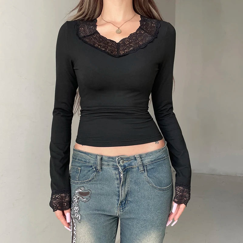 Camiseta de mujer con escote en V y ribete de encaje liso y dulce, de manga larga, estilo ballet, ajustada, de otoño, moderna, básica, combina con todo.