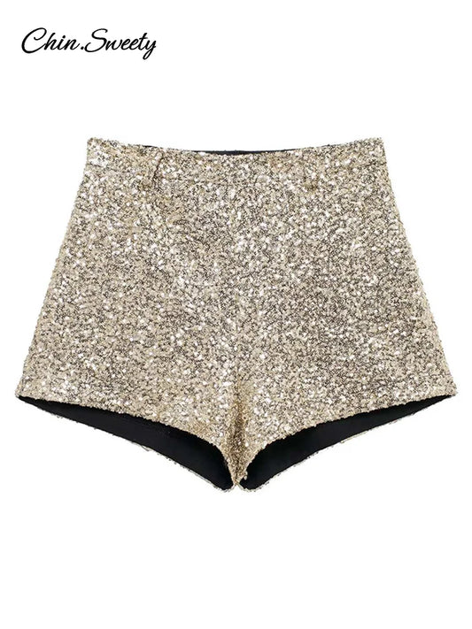 Y2K Sequin High Waist Shorts Women Fashion Lady Solid Shiny All-matching Short Pant 2025 Spring Summer Female Glitter Streetwear