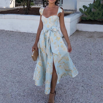 Vestidos largos sin mangas con estampado de flores para mujer, sexys, de corte bajo, sin espalda, con lazo, con abertura y temperamento, novedad de 2025