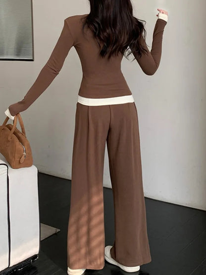 Conjunto de dos piezas de pantalón informal de otoño para mujer, manga larga, cuello en V, top de una sola botonadura, pantalones de pierna ancha, moda coreana, nuevo