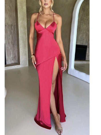 Vestido maxi de satén sexy sin tirantes para mujer, con espalda abierta y abertura alta, ajustado, elegante para fiesta y club, primavera y verano