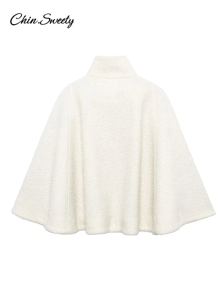White Loose Short Cape Coat Women Autumn Winter Thick Single Buckle Batwing Sleeve Cloaks Jacket Lady Elegant Warm Outwear New