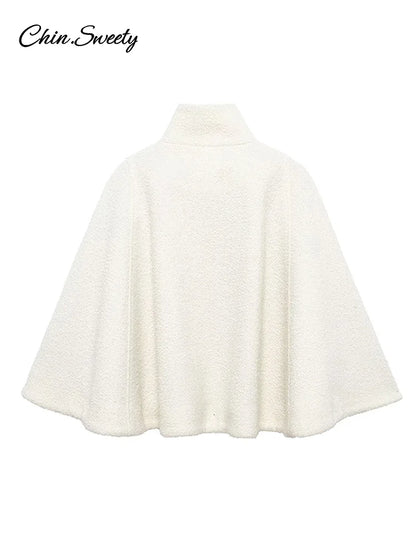 White Loose Short Cape Coat Women Autumn Winter Thick Single Buckle Batwing Sleeve Cloaks Jacket Lady Elegant Warm Outwear New